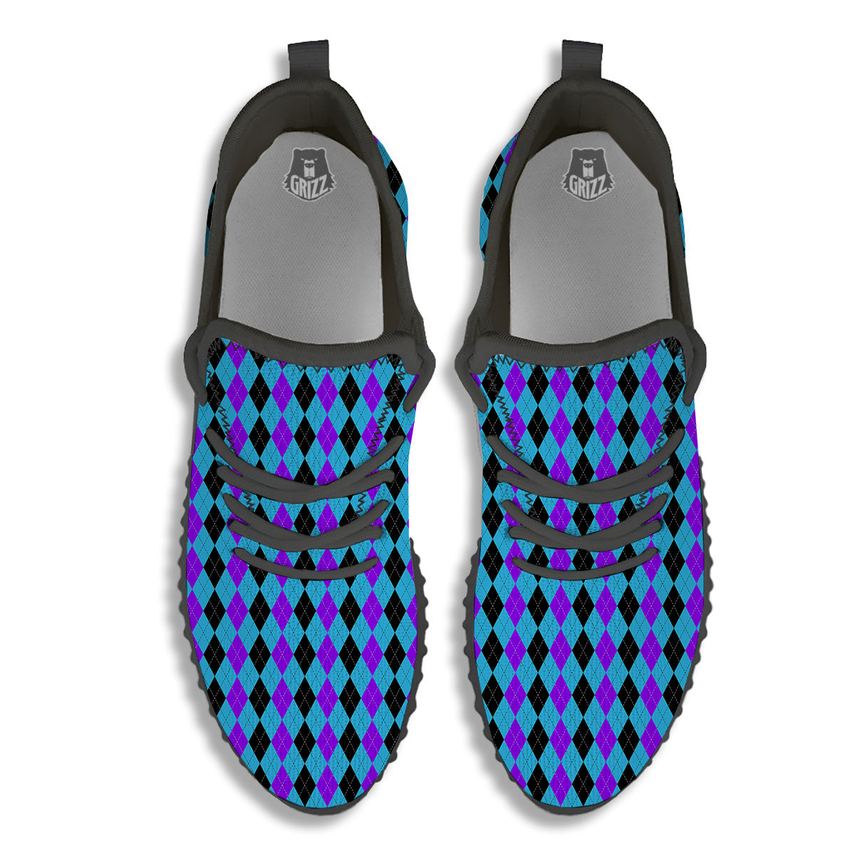 Black Blue And Purple Argyle Print Black Walking Shoes-grizzshop