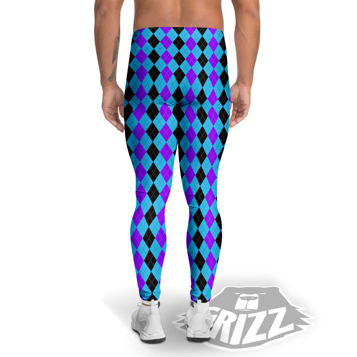 Black Blue And Purple Argyle Print Men's Leggings-grizzshop
