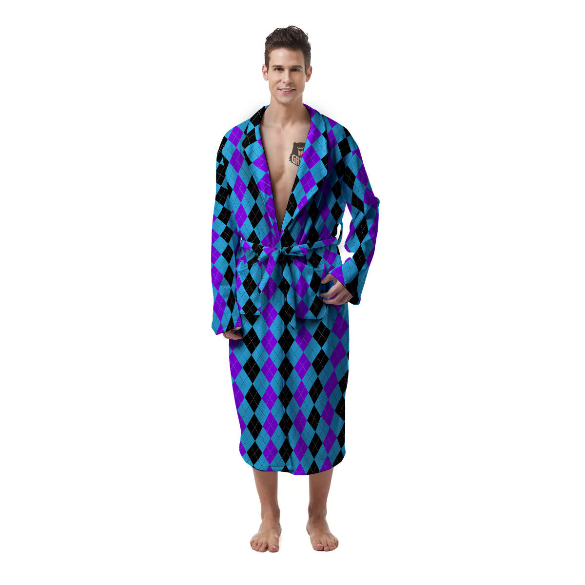 Black Blue And Purple Argyle Print Men's Robe-grizzshop