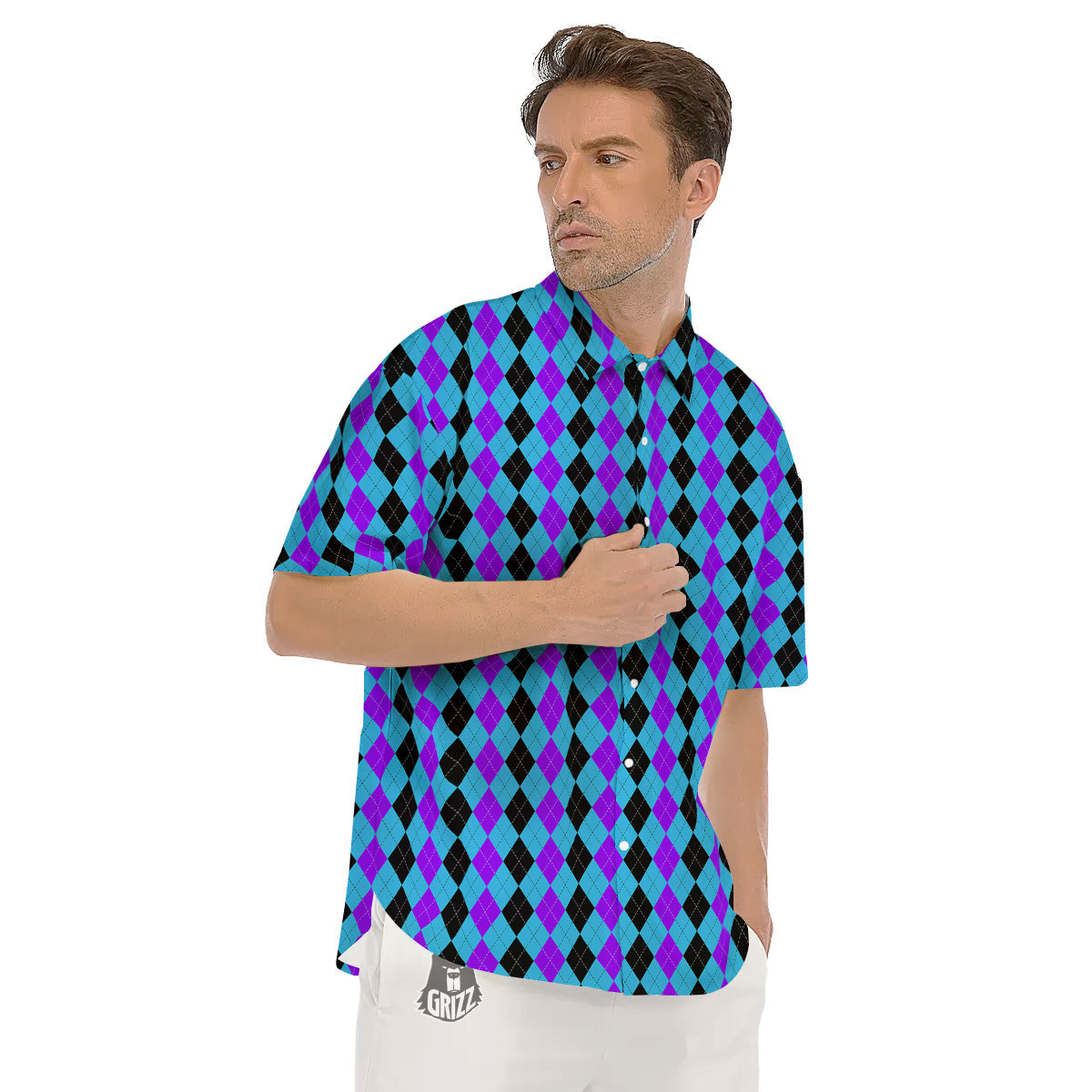 Black Blue And Purple Argyle Print Men's Short Sleeve Shirts-grizzshop