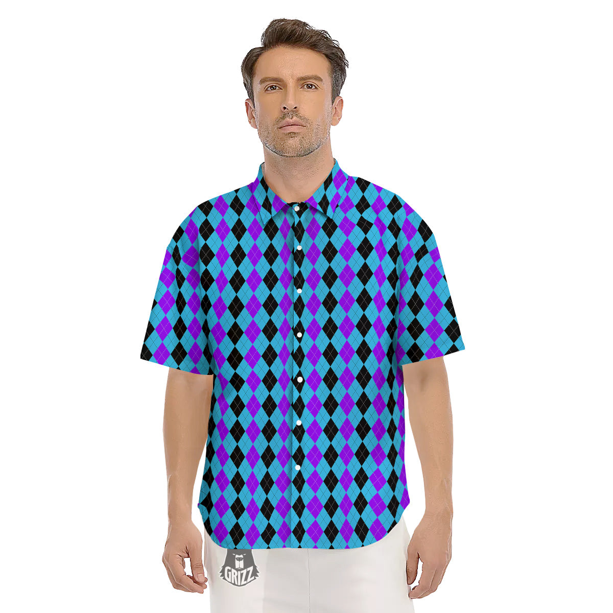 Black Blue And Purple Argyle Print Men's Short Sleeve Shirts-grizzshop