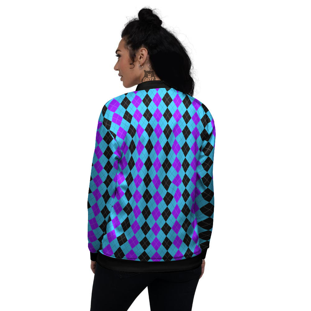 Black Blue And Purple Argyle Print Women's Bomber Jacket-grizzshop