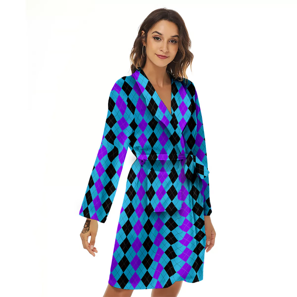 Black Blue And Purple Argyle Print Women's Robe-grizzshop