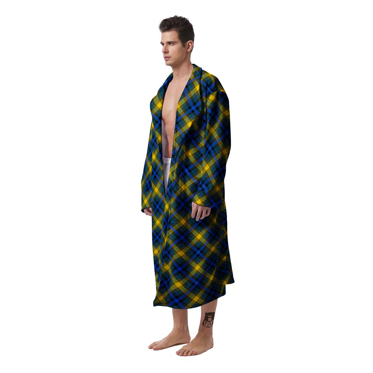 Black Blue And Yellow Argyle Print Men's Robe-grizzshop