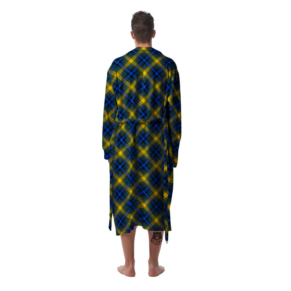 Black Blue And Yellow Argyle Print Men's Robe-grizzshop