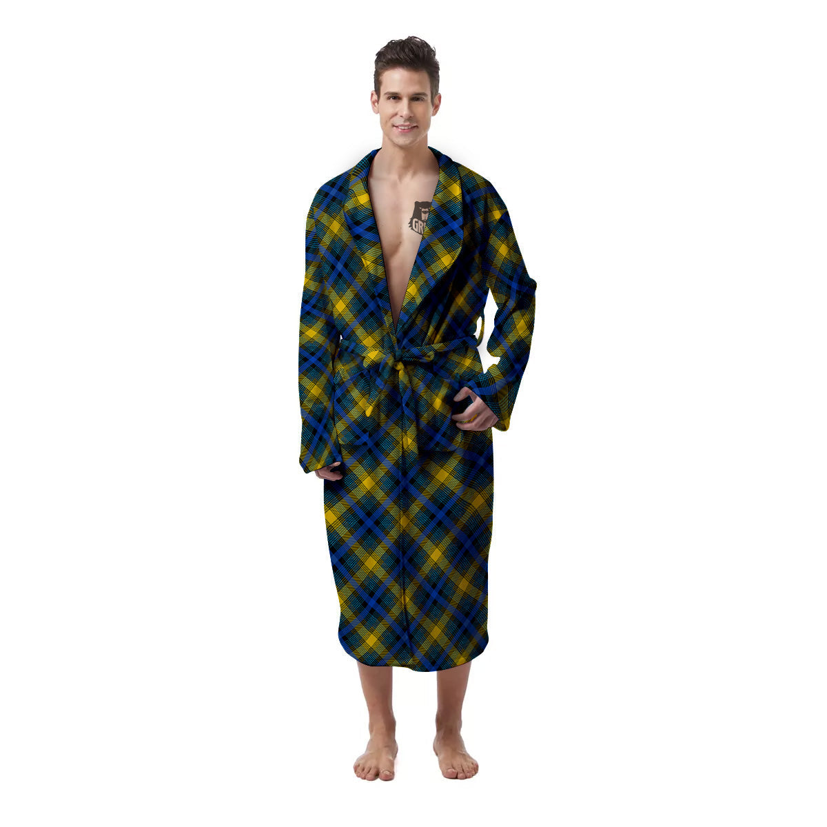Black Blue And Yellow Argyle Print Men's Robe-grizzshop