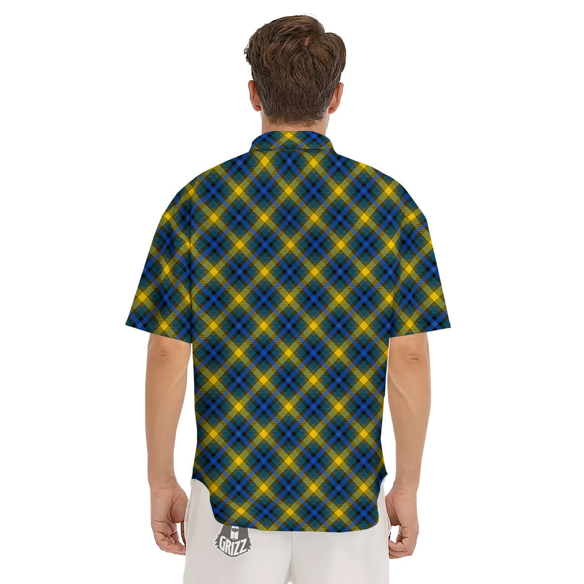 Black Blue And Yellow Argyle Print Men's Short Sleeve Shirts-grizzshop