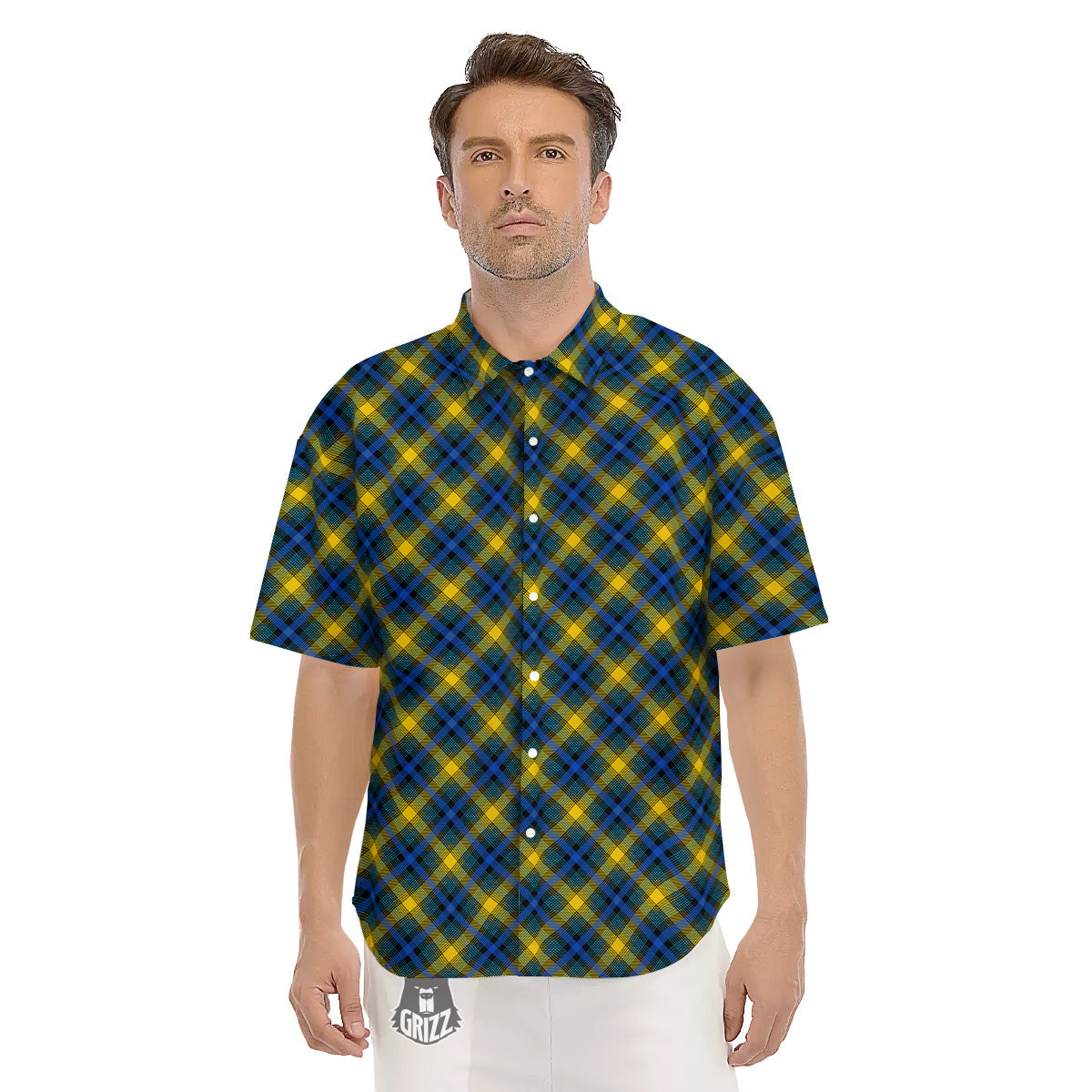 Black Blue And Yellow Argyle Print Men's Short Sleeve Shirts-grizzshop