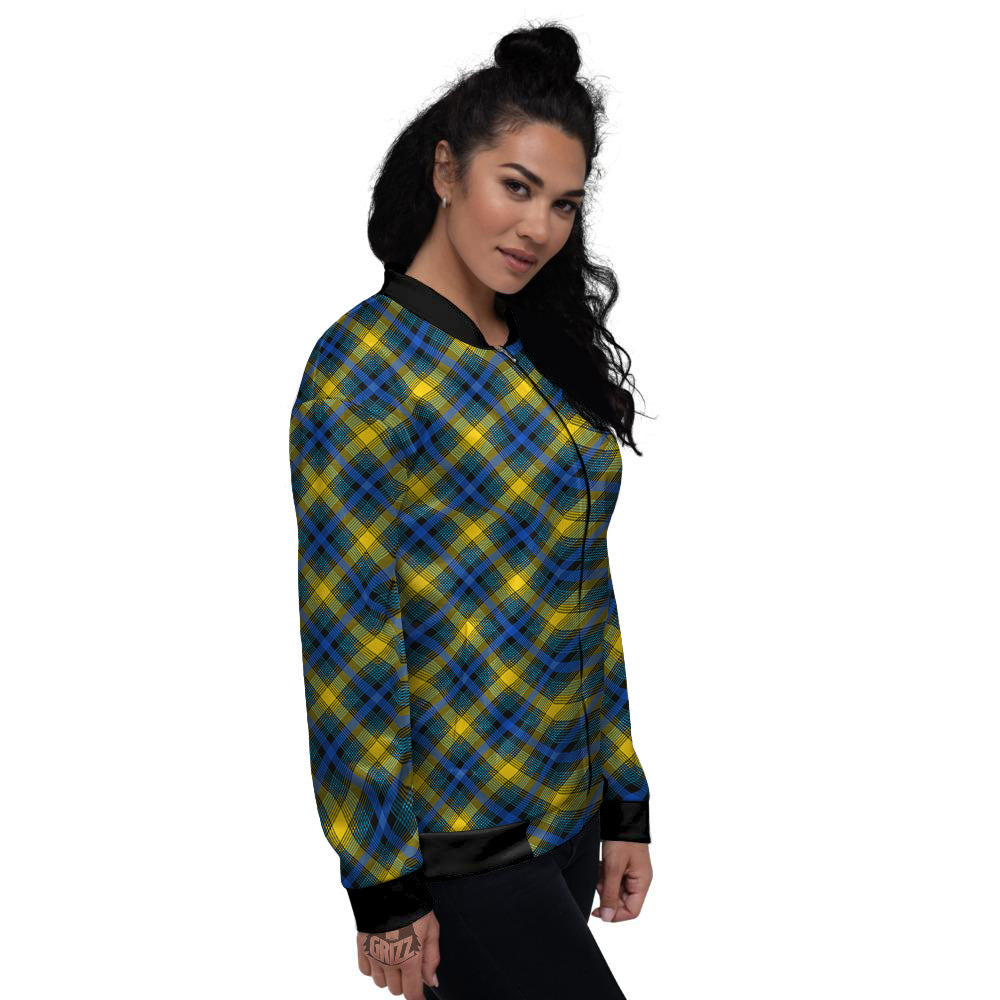 Black Blue And Yellow Argyle Print Women's Bomber Jacket-grizzshop