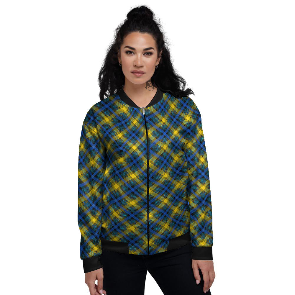 Black Blue And Yellow Argyle Print Women's Bomber Jacket-grizzshop