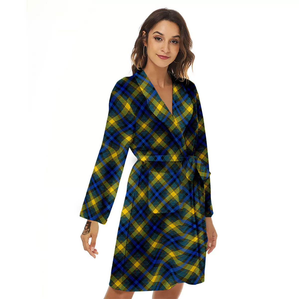 Black Blue And Yellow Argyle Print Women's Robe-grizzshop