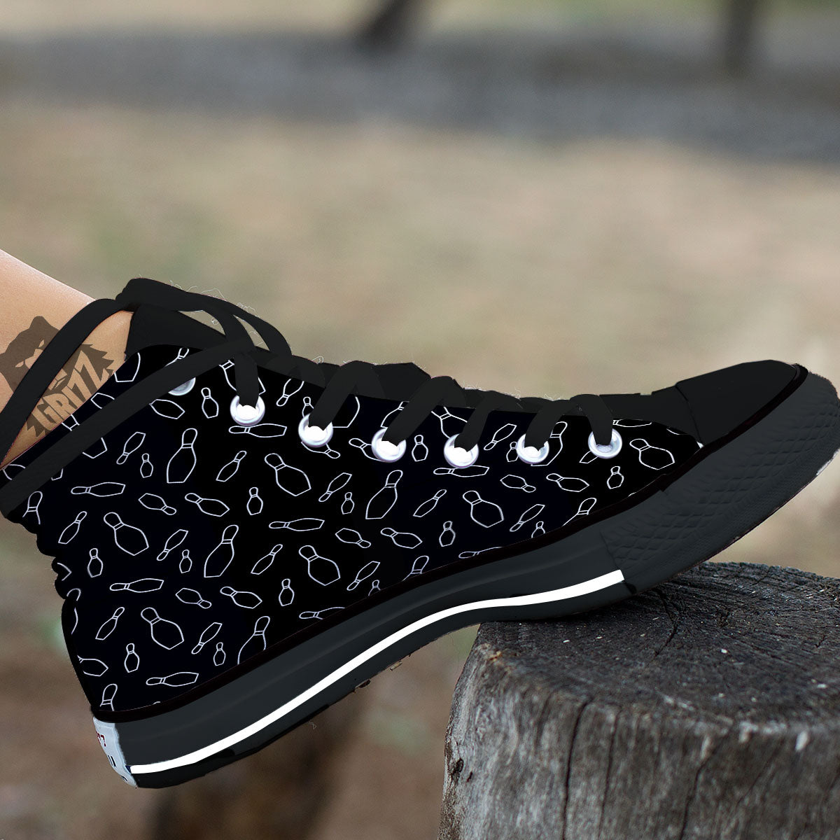 Black Bowling Pins Print Pattern Black High Top Shoes-grizzshop