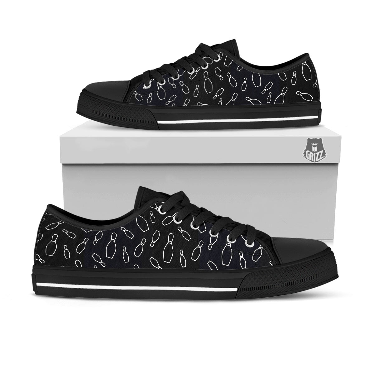 Black Bowling Pins Print Pattern Black Low Top Shoes-grizzshop