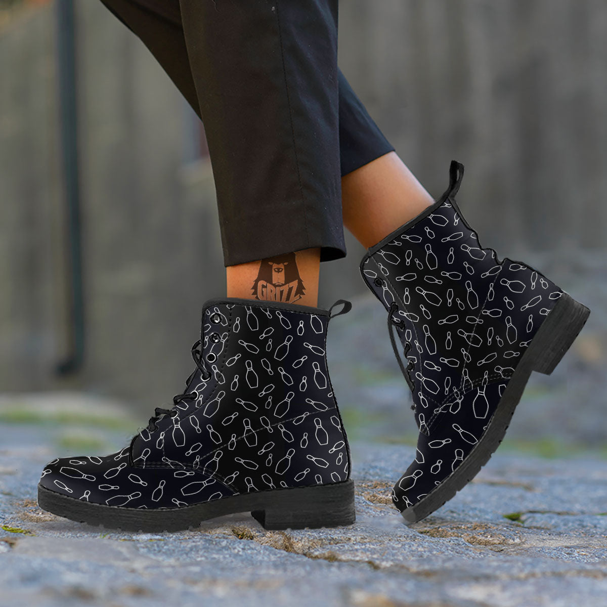 Black Bowling Pins Print Pattern Leather Boots-grizzshop