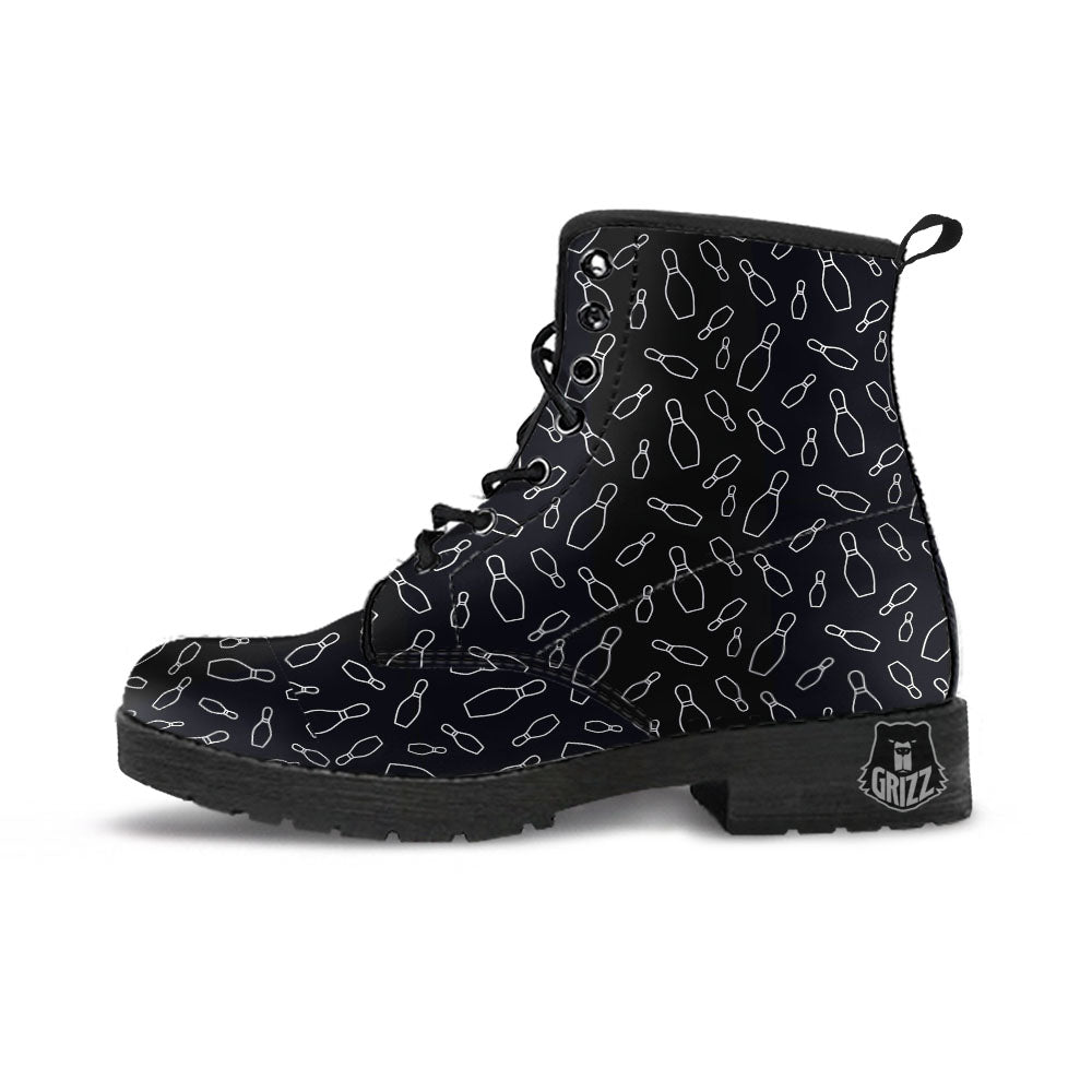 Black Bowling Pins Print Pattern Leather Boots-grizzshop