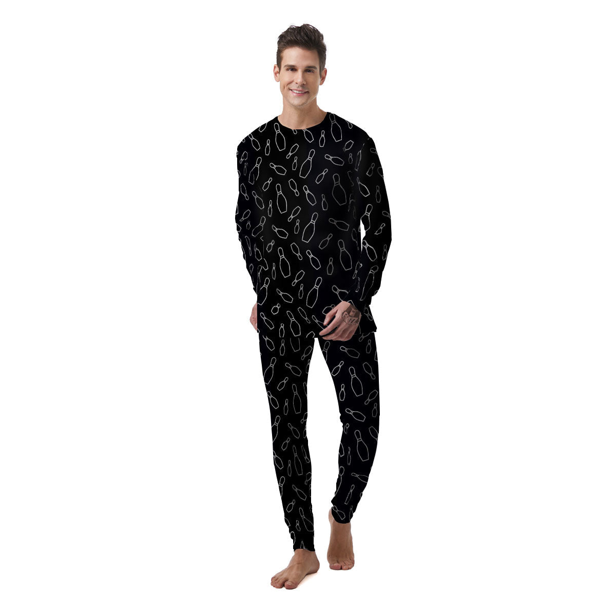 Black Bowling Pins Print Pattern Men's Pajamas-grizzshop