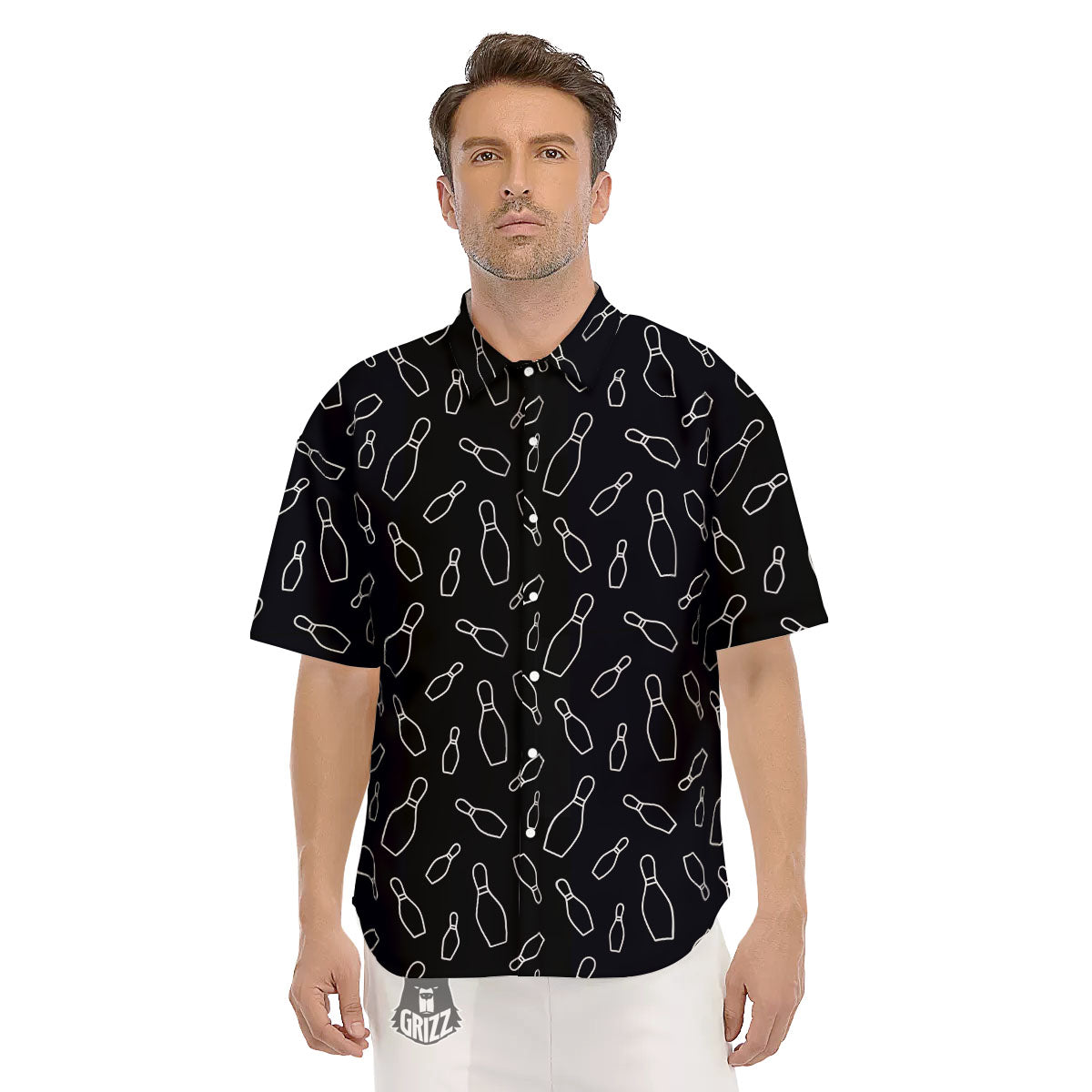 Black Bowling Pins Print Pattern Men's Short Sleeve Shirts-grizzshop