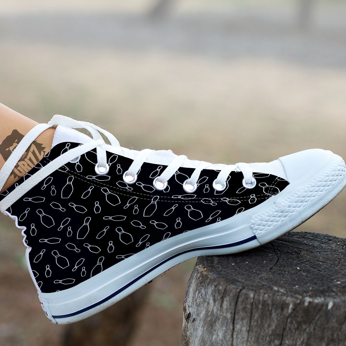 Black Bowling Pins Print Pattern White High Top Shoes-grizzshop