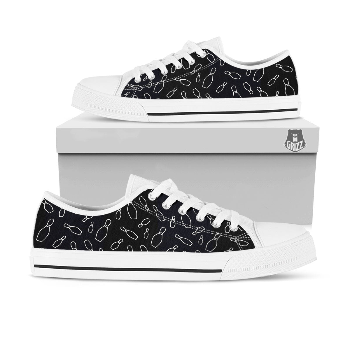 Black Bowling Pins Print Pattern White Low Top Shoes-grizzshop