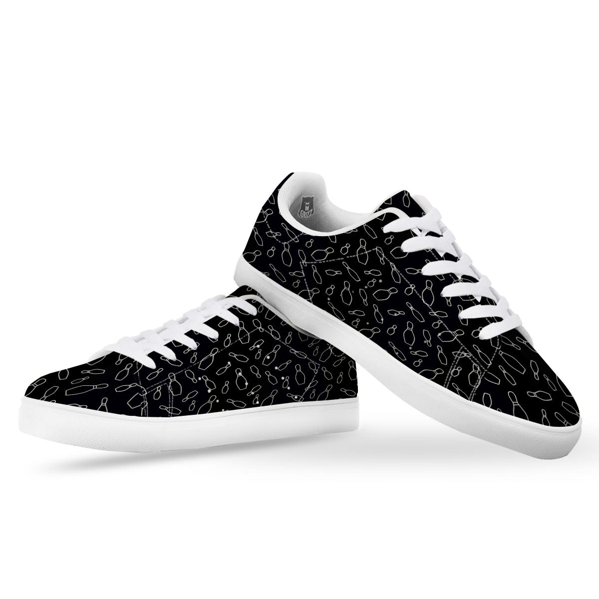 Black Bowling Pins Print Pattern White Low Top Sneakers-grizzshop