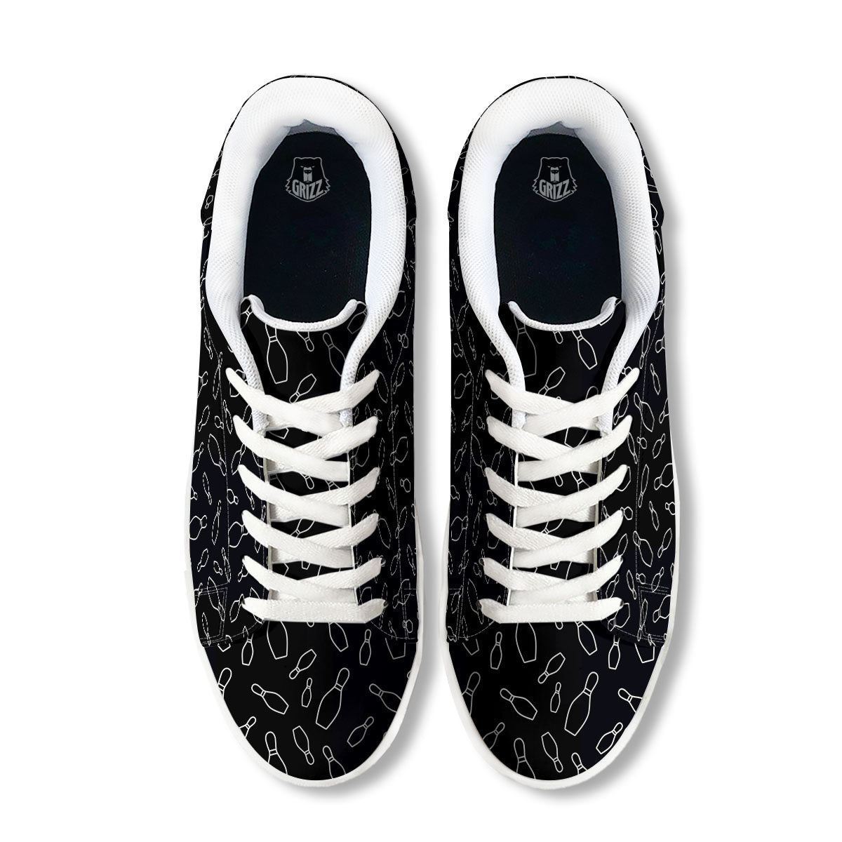 Black Bowling Pins Print Pattern White Low Top Sneakers-grizzshop