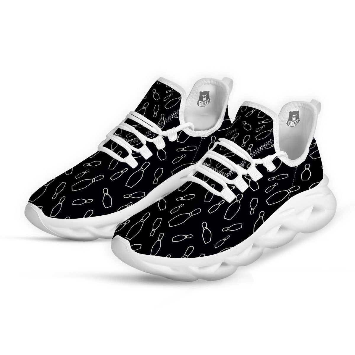 Black Bowling Pins Print Pattern White Running Shoes-grizzshop