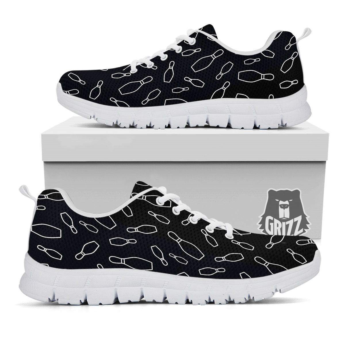 Black Bowling Pins Print Pattern White Sneaker-grizzshop