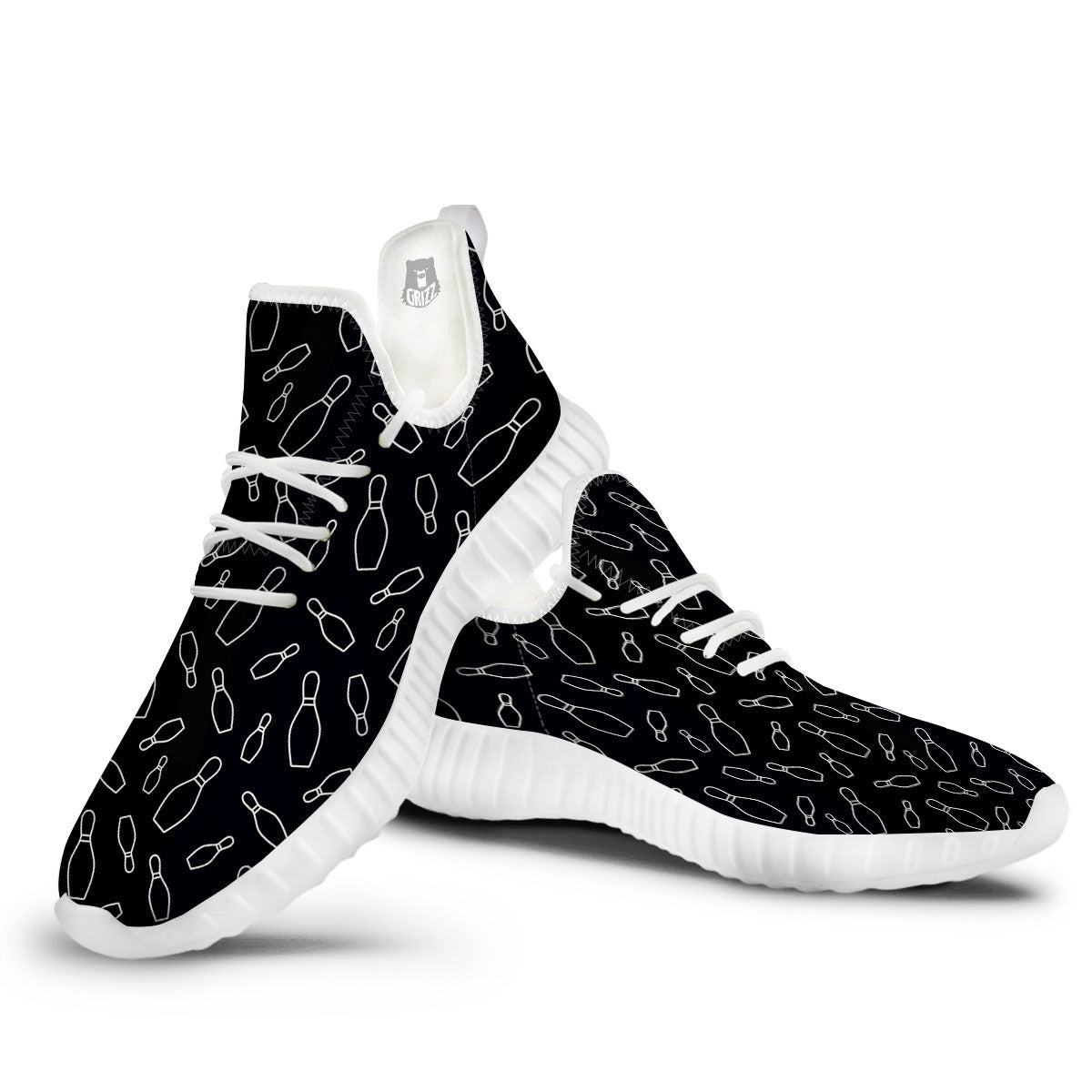 Black Bowling Pins Print Pattern White Walking Shoes-grizzshop