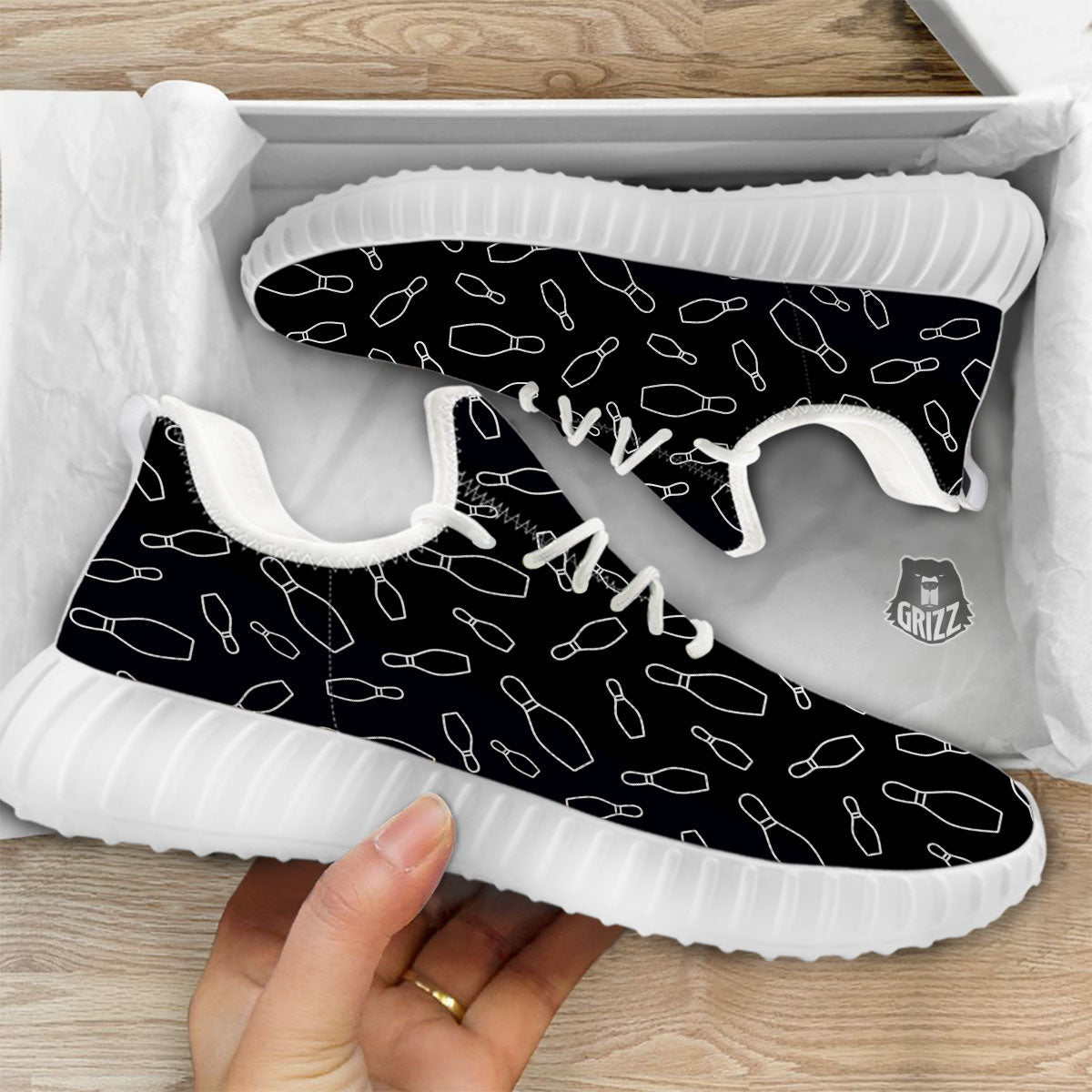 Black Bowling Pins Print Pattern White Walking Shoes-grizzshop
