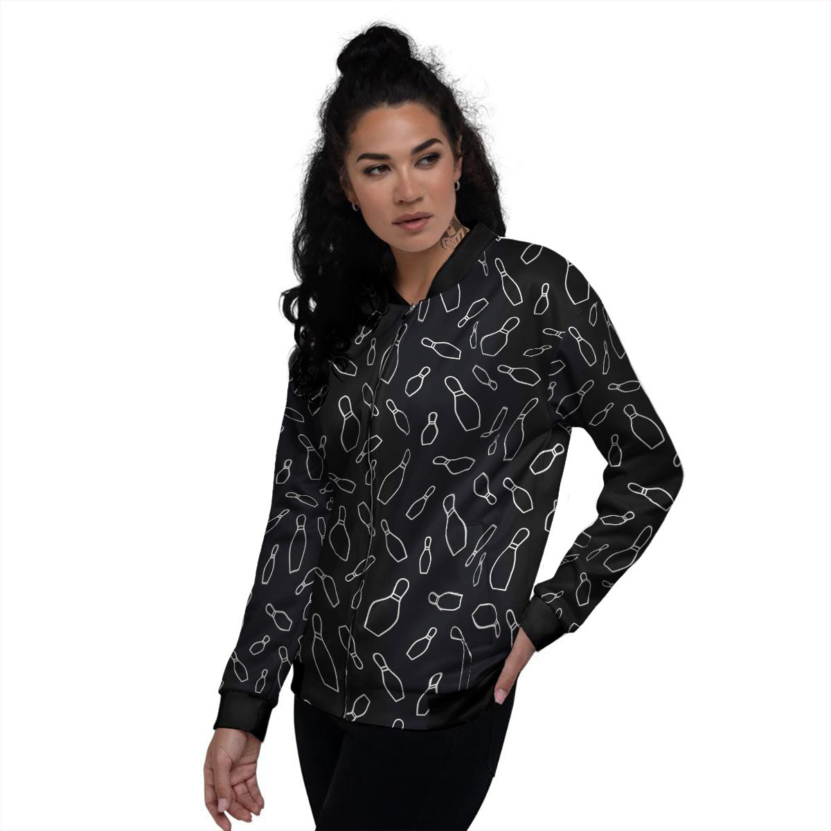 Black Bowling Pins Print Pattern Women's Bomber Jacket-grizzshop