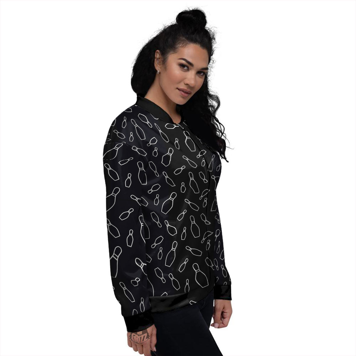 Black Bowling Pins Print Pattern Women's Bomber Jacket-grizzshop