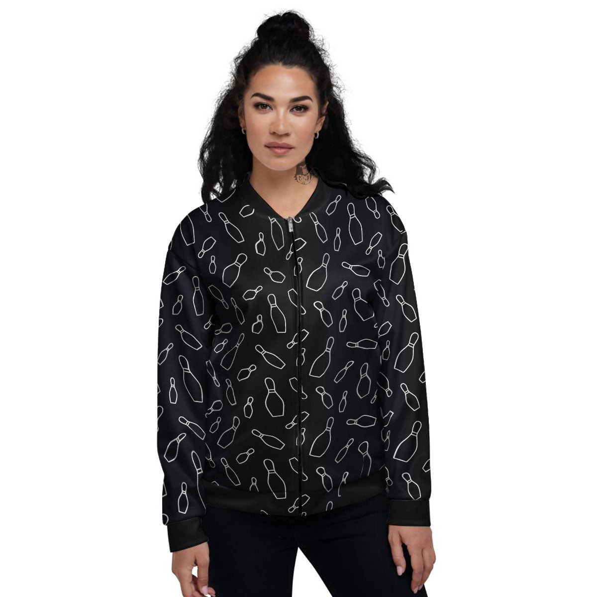 Black Bowling Pins Print Pattern Women's Bomber Jacket-grizzshop