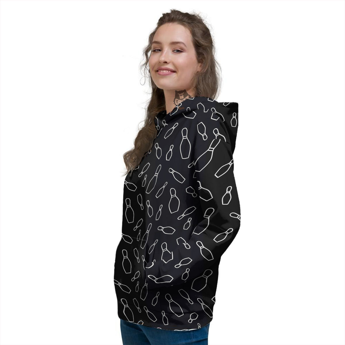 Black Bowling Pins Print Pattern Women's Hoodie-grizzshop