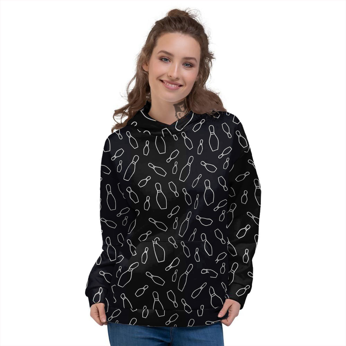Black Bowling Pins Print Pattern Women's Hoodie-grizzshop