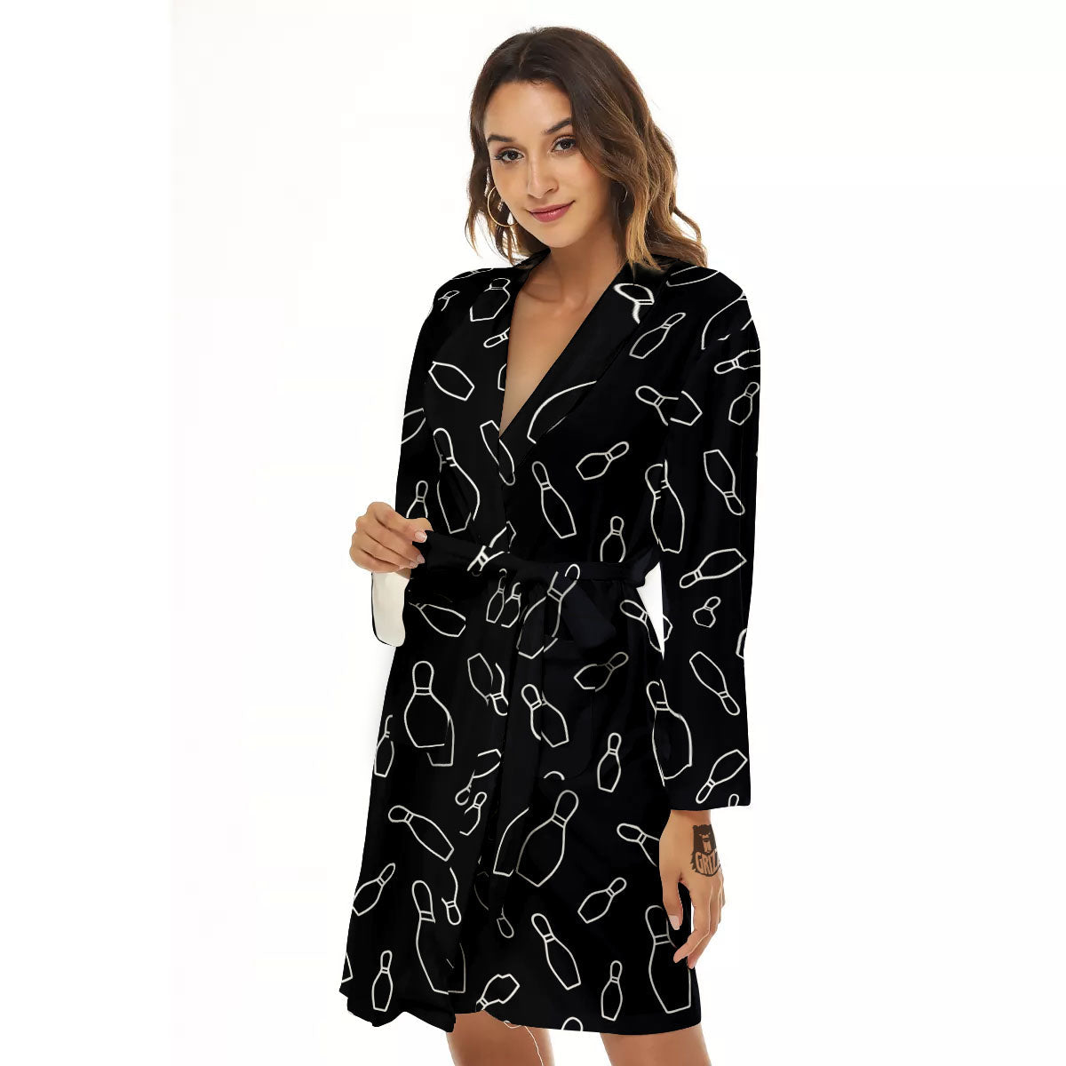 Black Bowling Pins Print Pattern Women's Robe-grizzshop