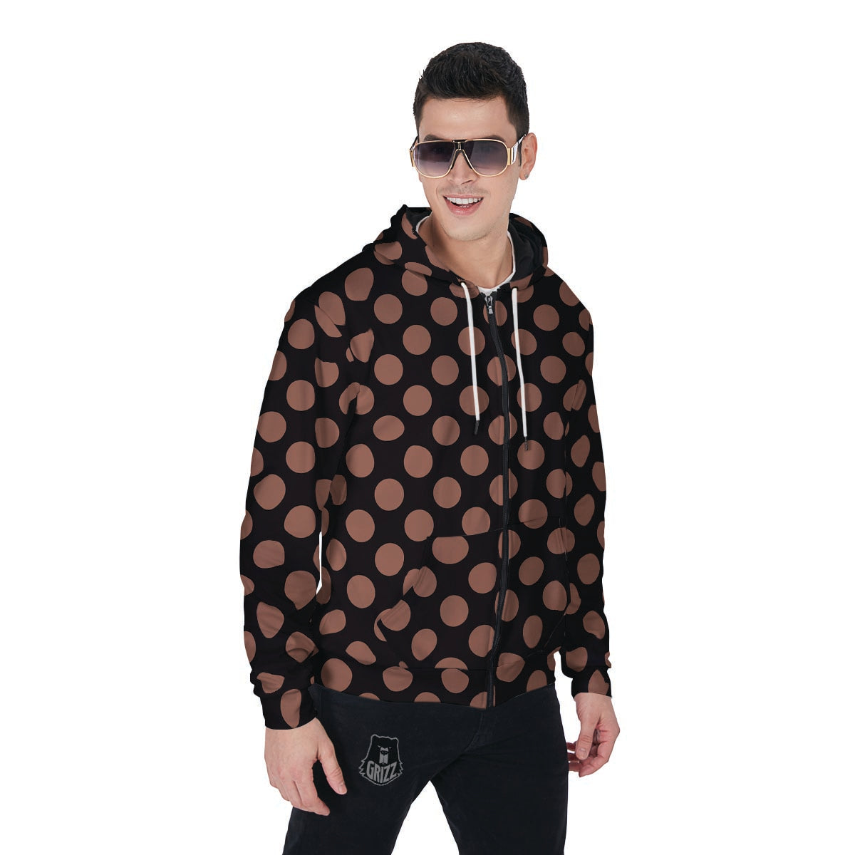 Black Brown Polka Dot Men's Zip Up Hoodie-grizzshop