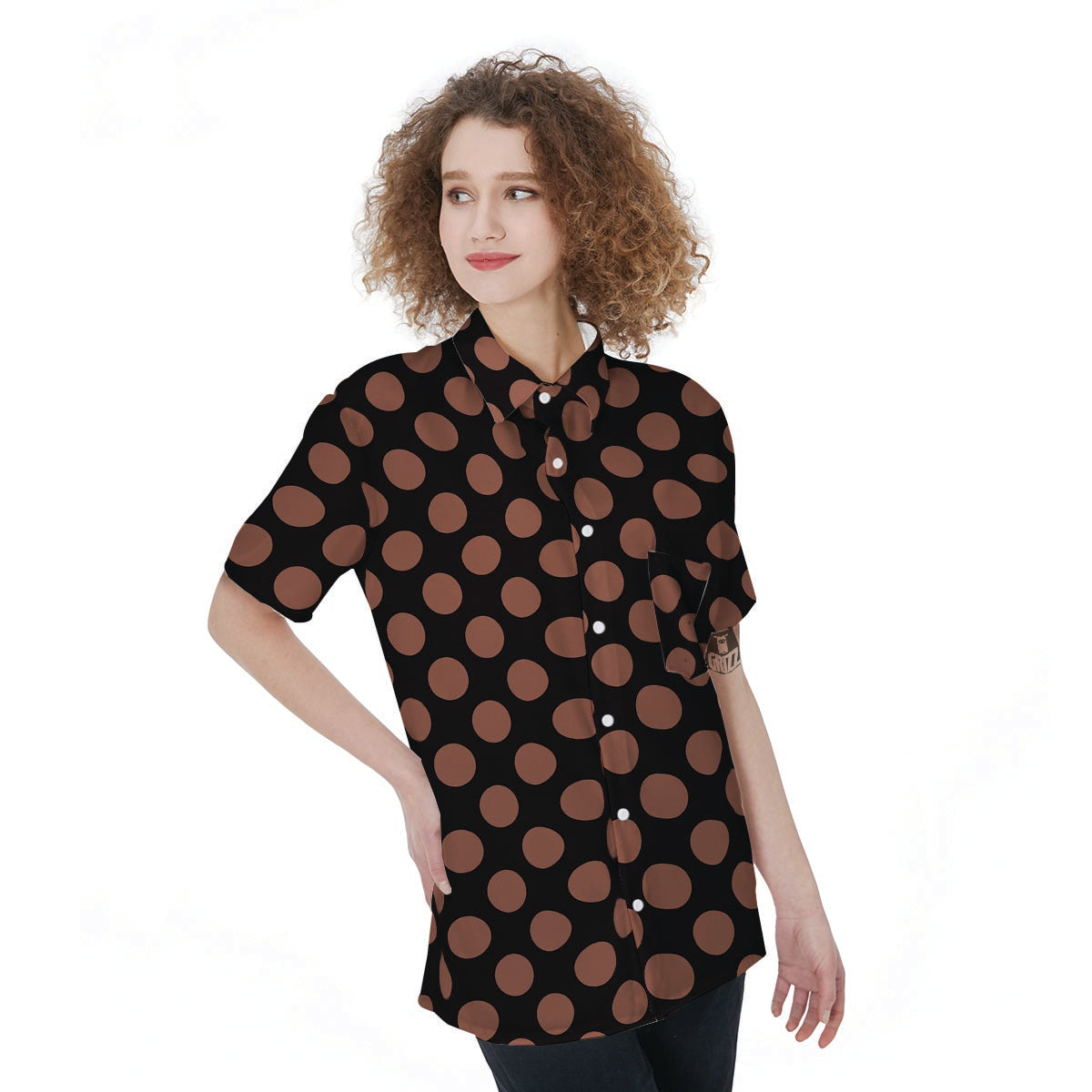 Black Brown Polka Dot Women's Short Sleeve Shirts-grizzshop