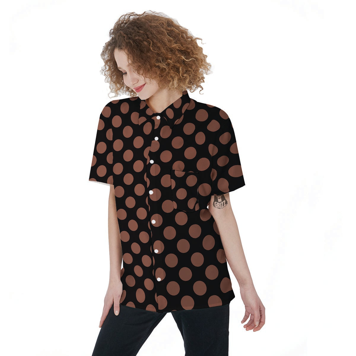 Black Brown Polka Dot Women's Short Sleeve Shirts-grizzshop