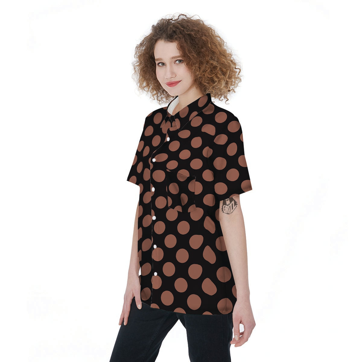 Black Brown Polka Dot Women's Short Sleeve Shirts-grizzshop