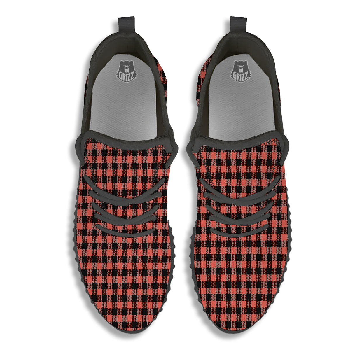 Black Buffalo Check And Coral Pink Print Black Walking Shoes-grizzshop