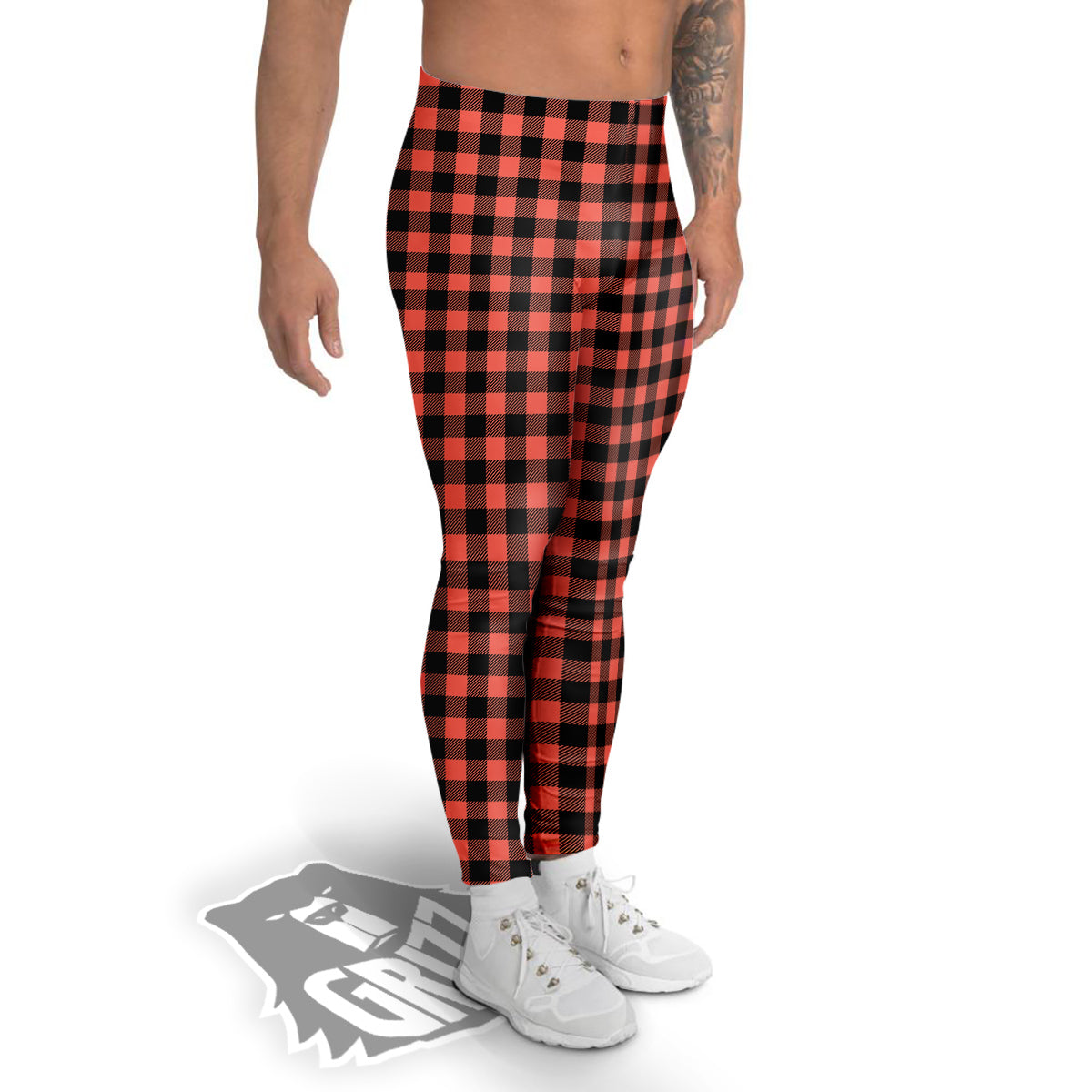 Black Buffalo Check And Coral Pink Print Men's Leggings-grizzshop