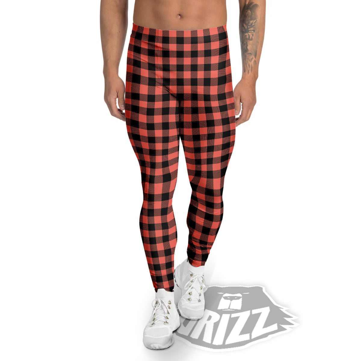 Black Buffalo Check And Coral Pink Print Men's Leggings-grizzshop