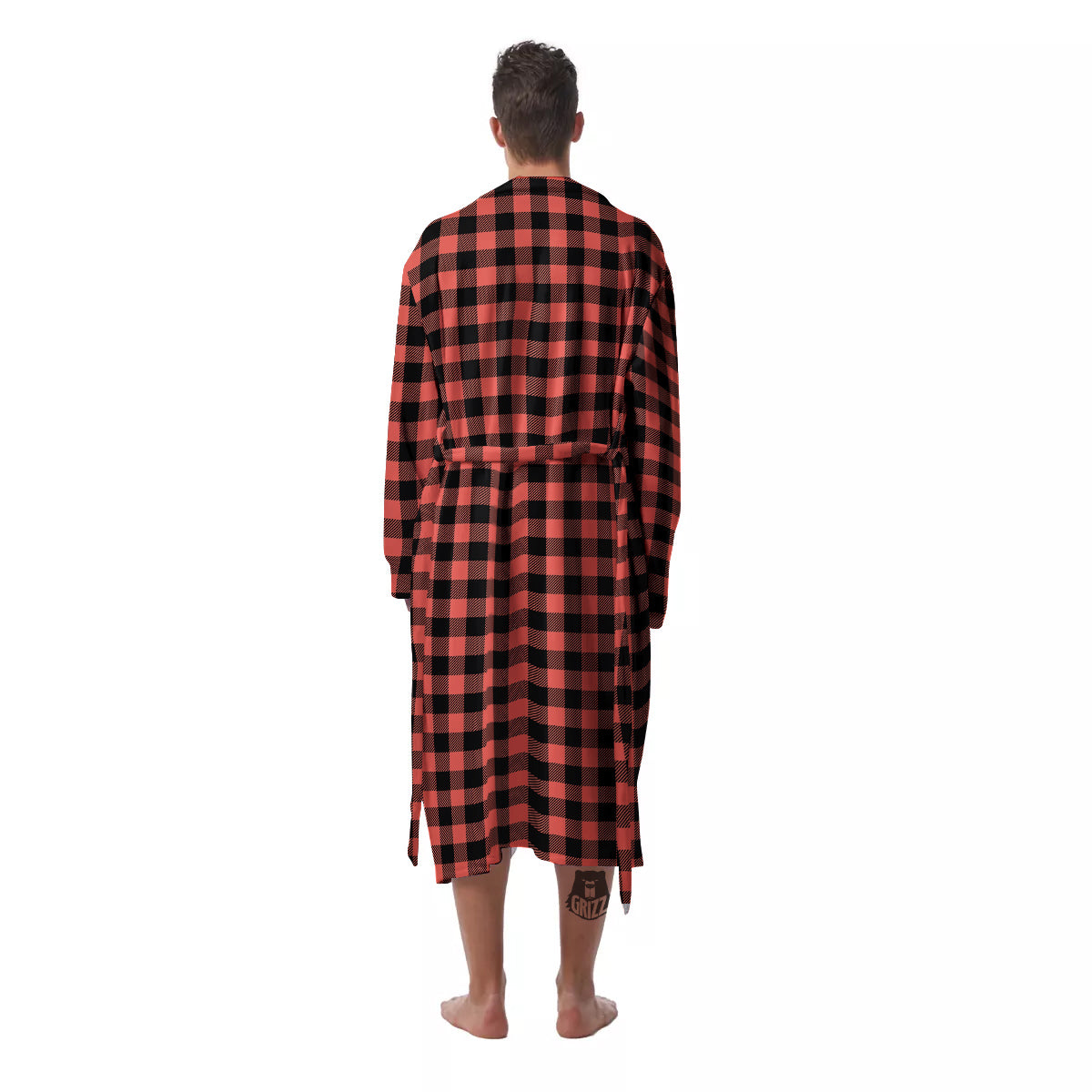 Black Buffalo Check And Coral Pink Print Men's Robe-grizzshop