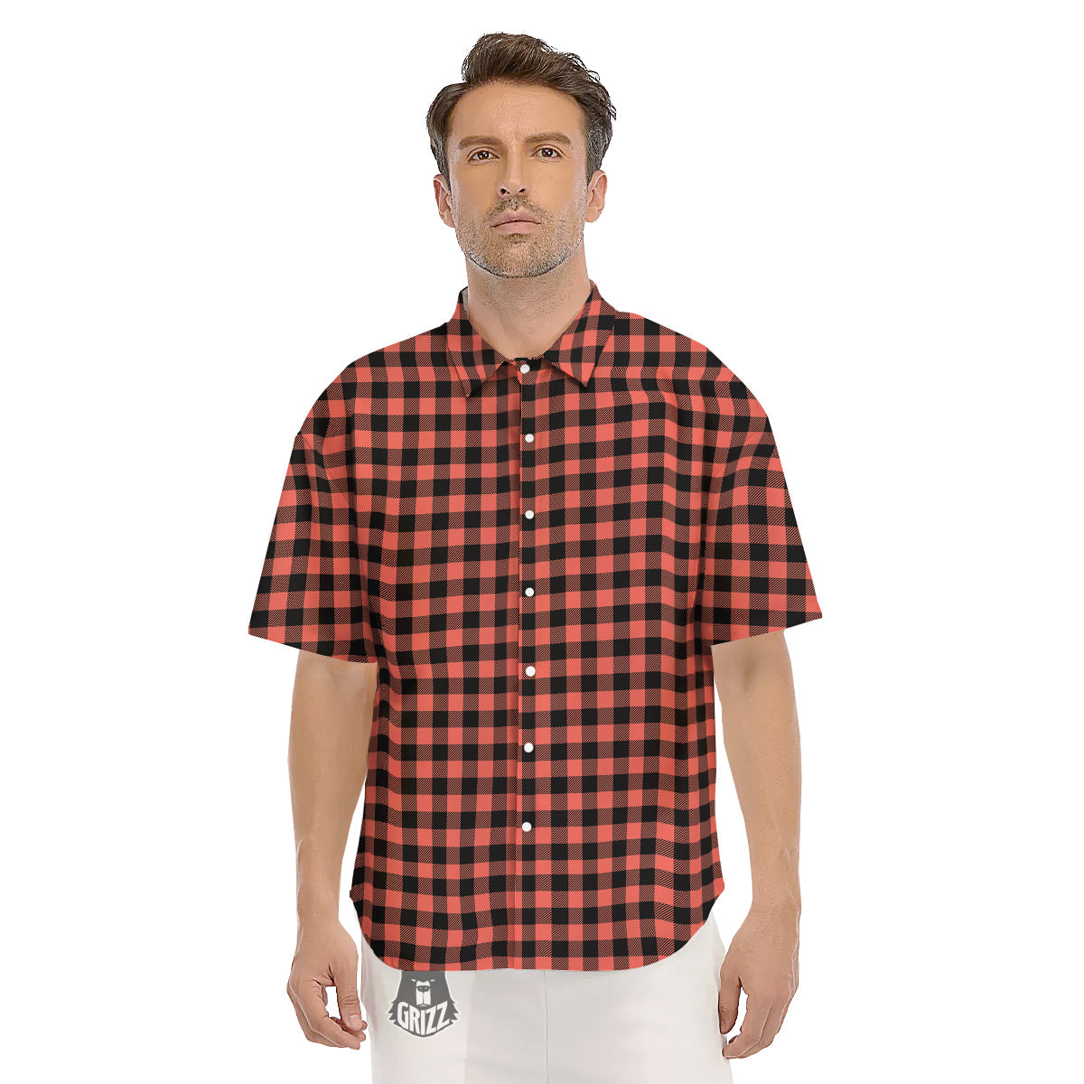 Black Buffalo Check And Coral Pink Print Men's Short Sleeve Shirts-grizzshop