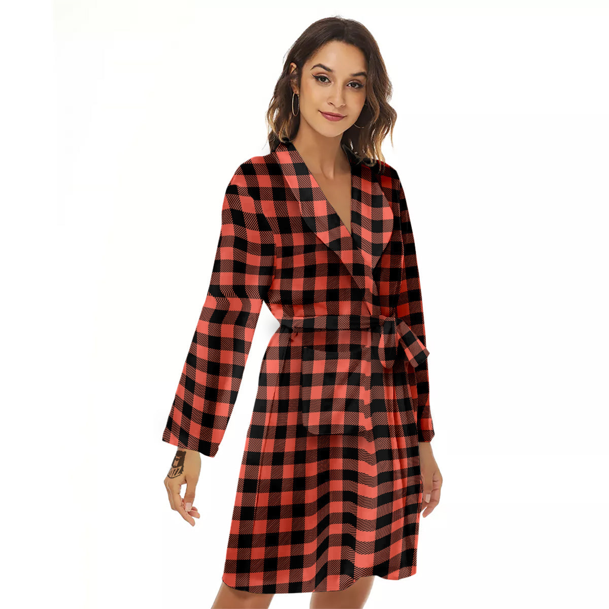 Black Buffalo Check And Coral Pink Print Women's Robe-grizzshop