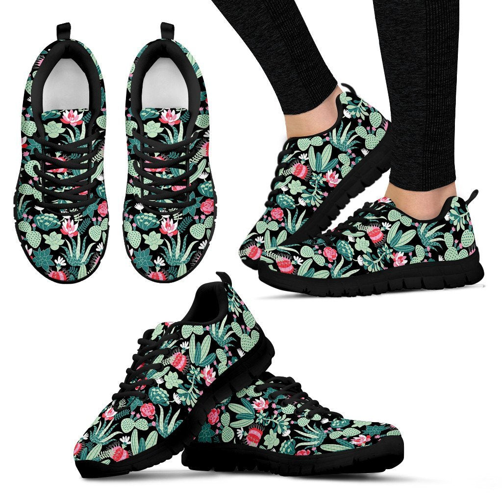 Black Cactus Pattern Print Black Sneaker Shoes For Men Women-grizzshop