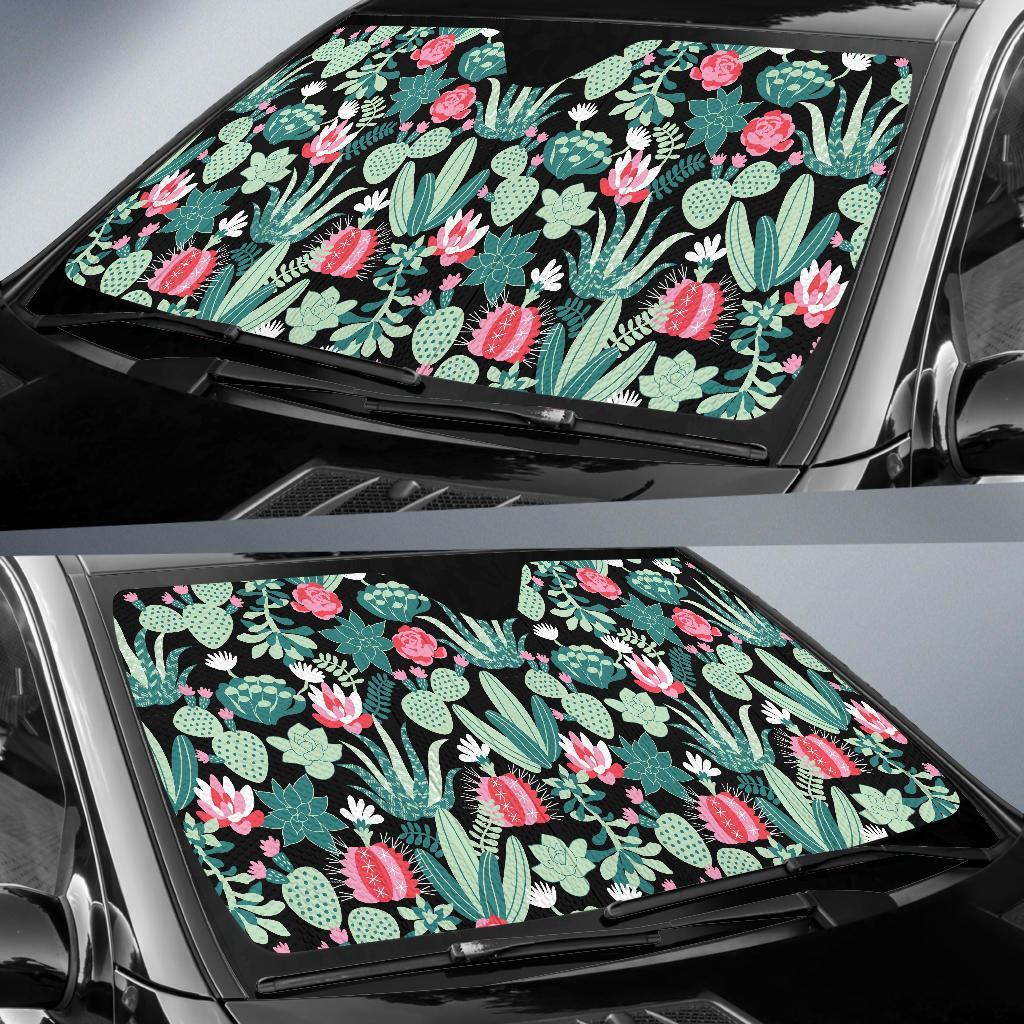 Black Cactus Pattern Print Car Sun Shade-grizzshop