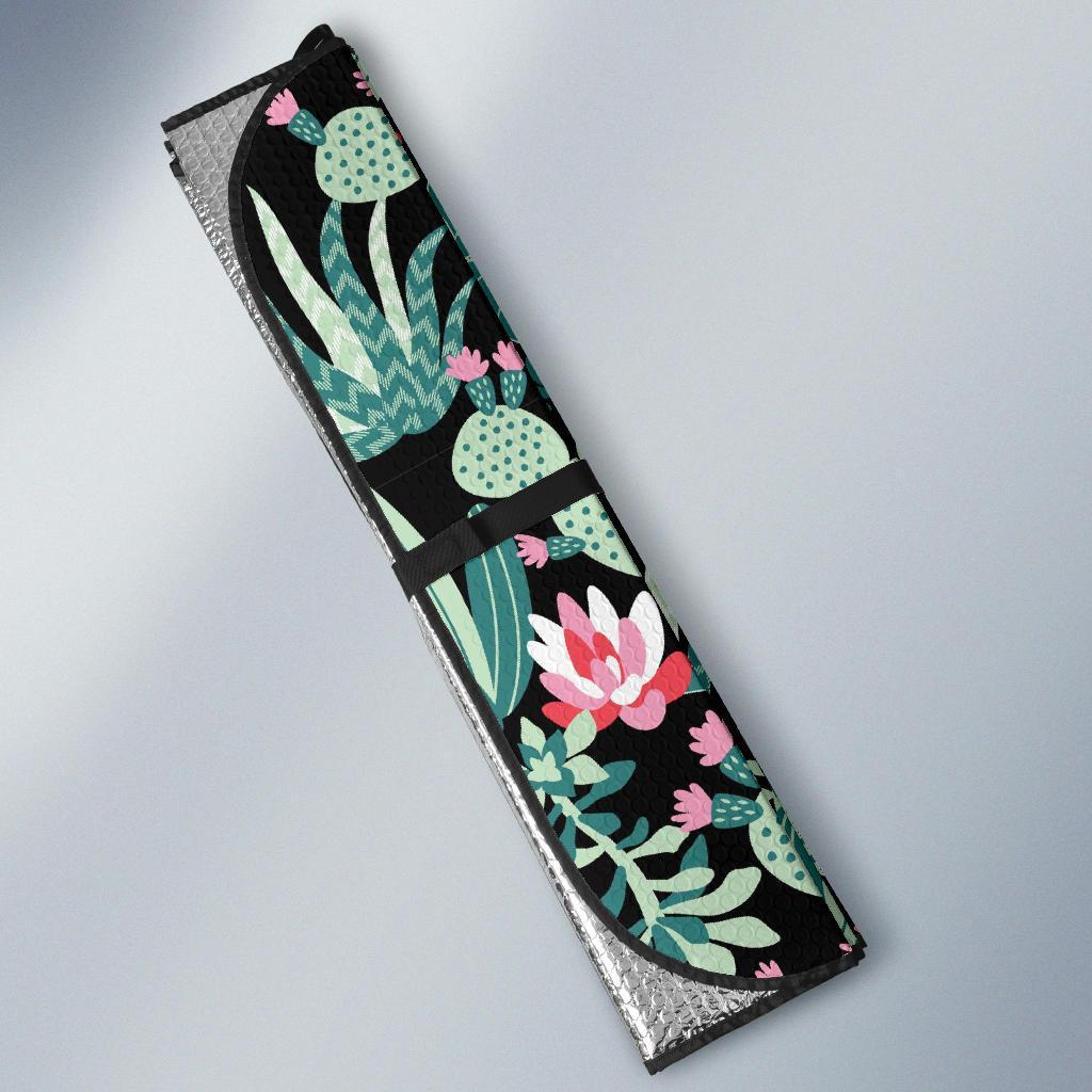 Black Cactus Pattern Print Car Sun Shade-grizzshop