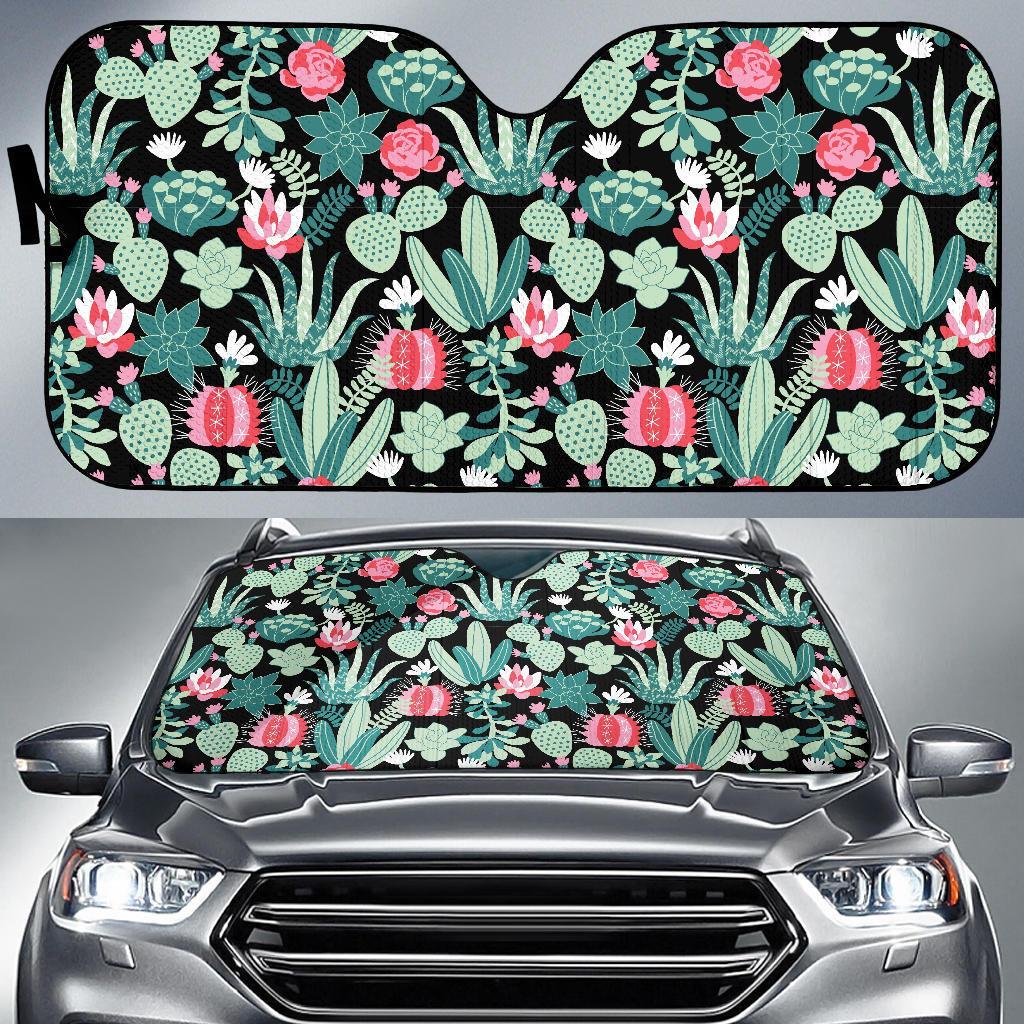 Black Cactus Pattern Print Car Sun Shade-grizzshop