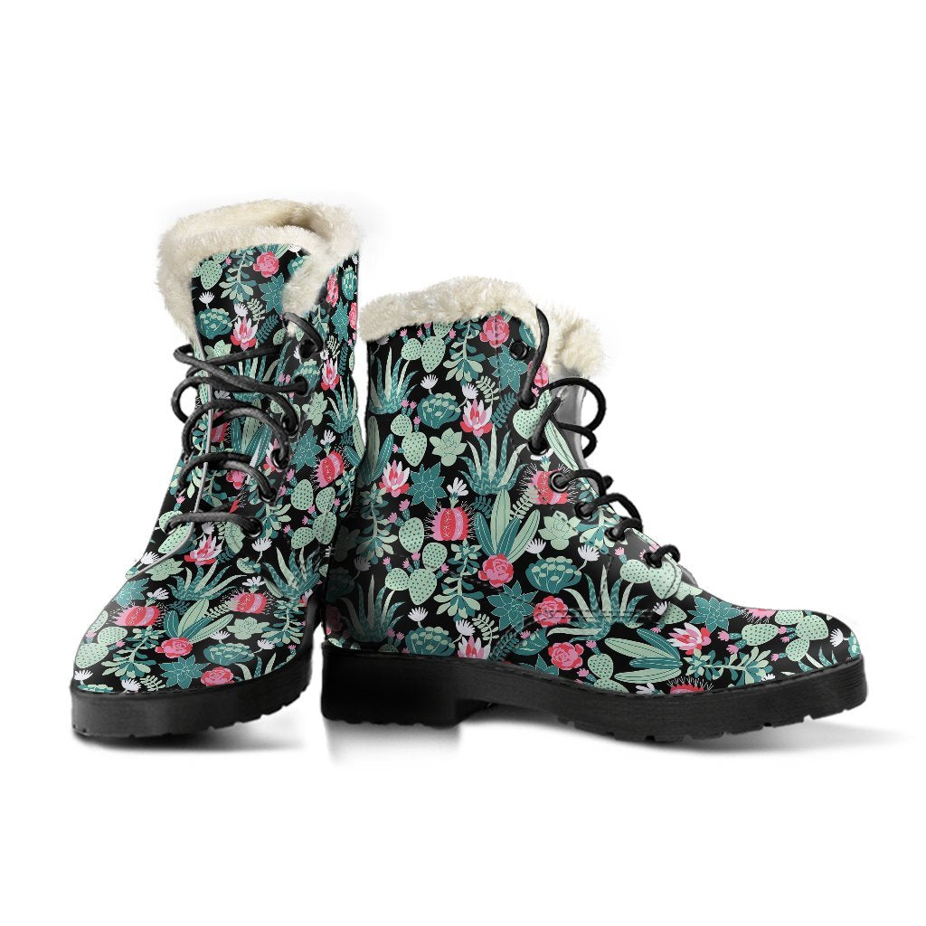 Black Cactus Pattern Print Comfy Winter Boots-grizzshop